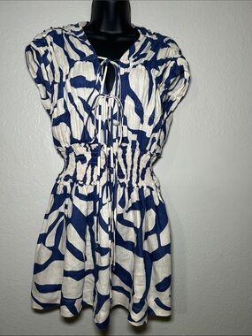 PinkFilosofy suyen Somocked Linen mini dress , Royal Blue Cream